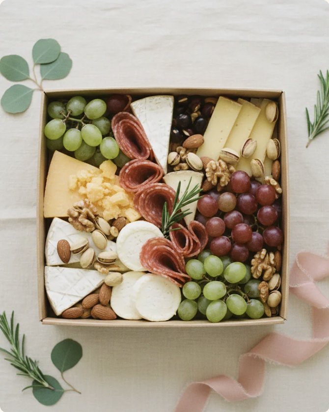 The Individual VIP Box — an open kraft box of folded salami, brie, aged gouda and fresh mozzarella with green and red grapes, almonds, walnuts and pistachios, finished with rosemary and eucalyptus
