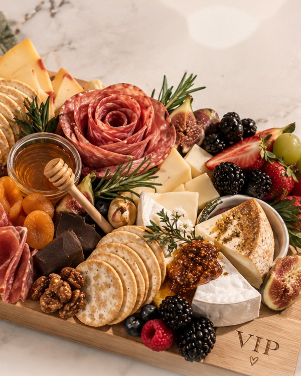 The Classic VIP close up — a salami rose, honey in a small jar, crackers, brie, figs, walnuts and berries on a wooden board