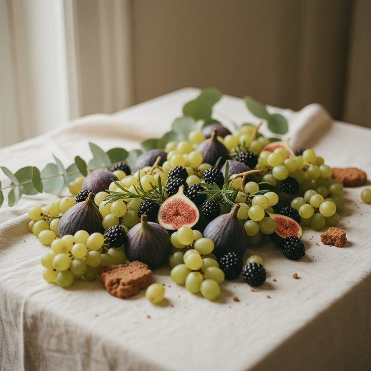 Figs, grapes and blackberries on ivory linen