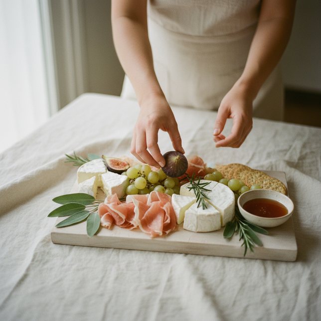Hands placing a fig onto the board