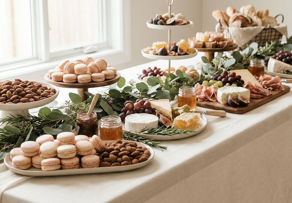 A wedding grazing table, end to end in daylight