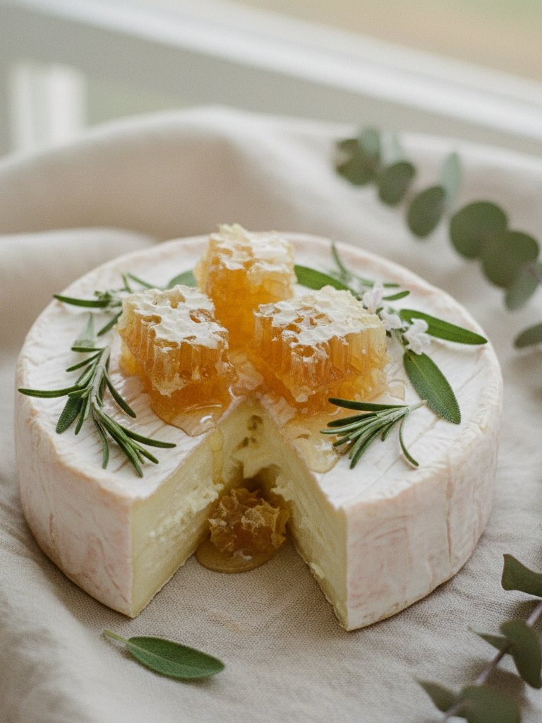 A wheel of soft cheese cut open, with honeycomb