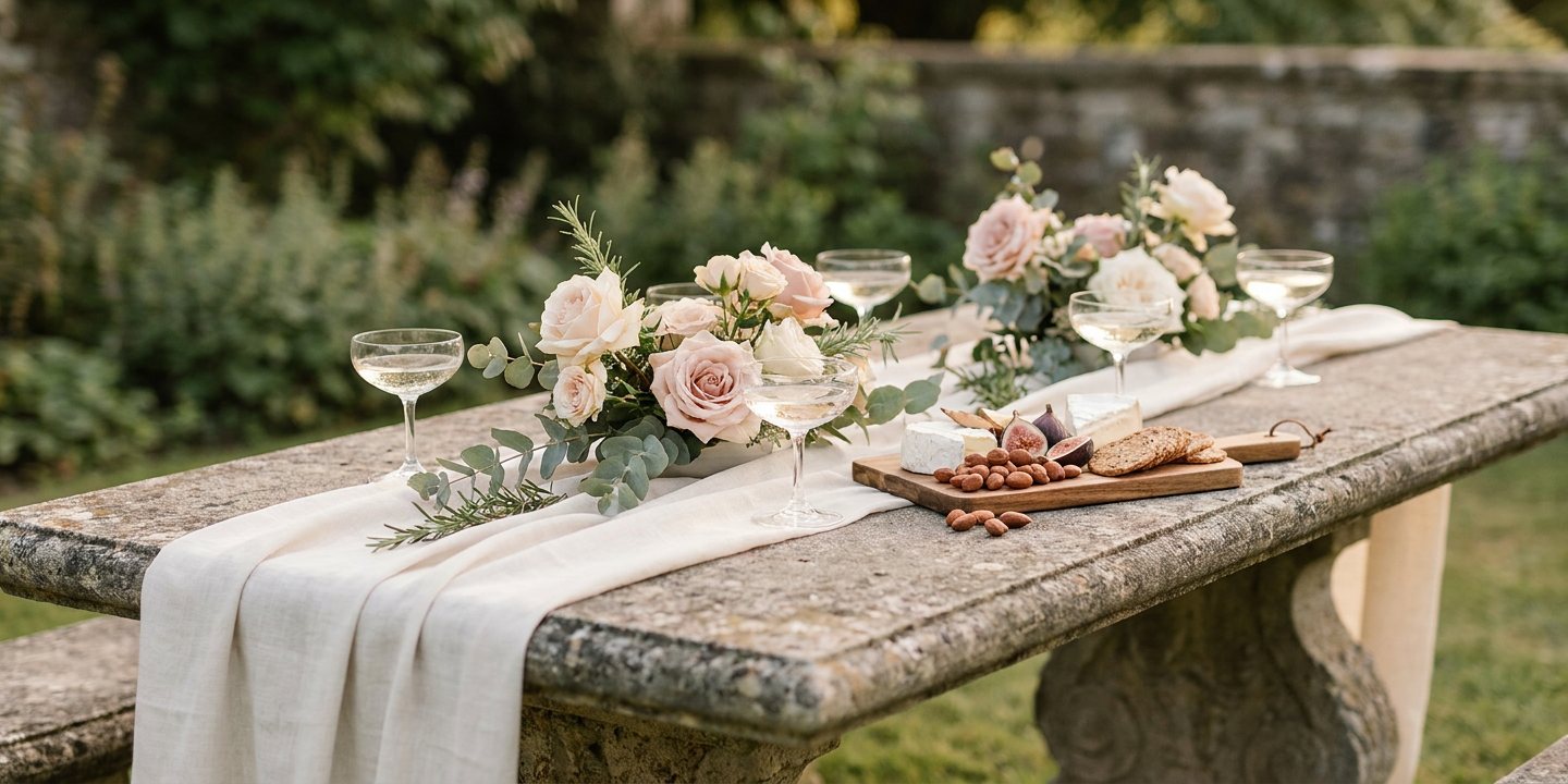 Garden table with linen, florals and champagne