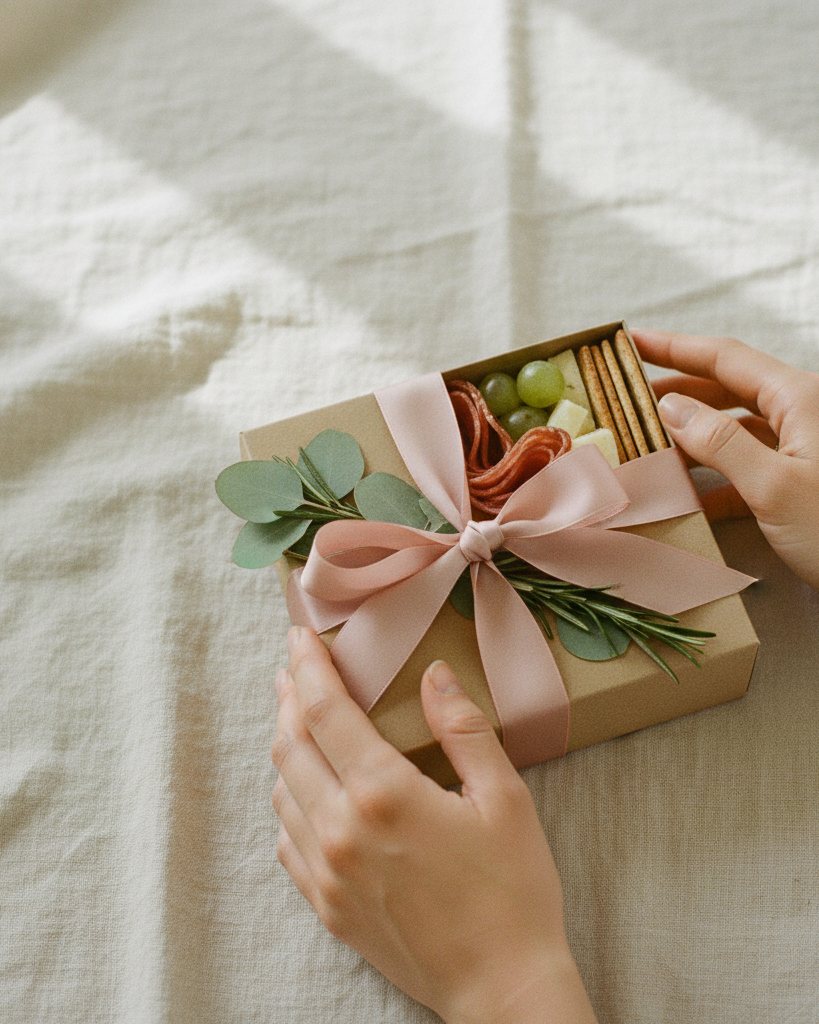 A gift box tied with a blush ribbon, ready to hand over