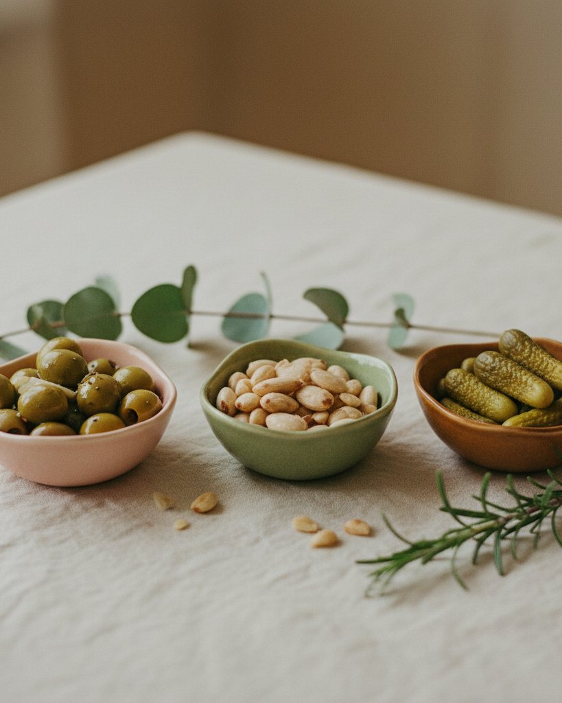 Olives, almonds and cornichons in small dishes