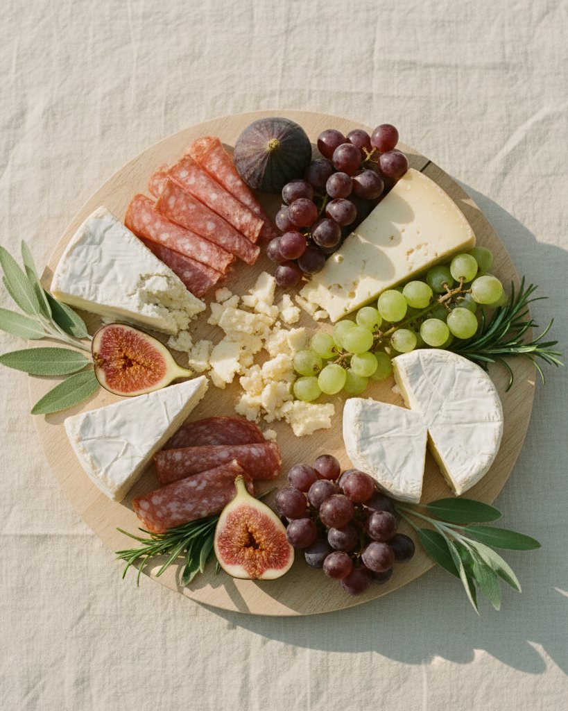 A round board from above: cheeses, salami, figs and grapes