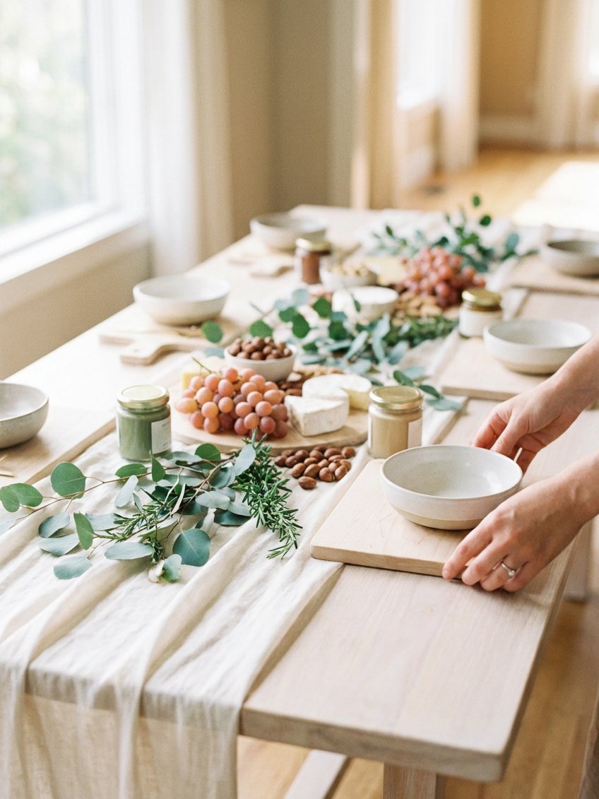 Hands setting a bowl on the table, morning light