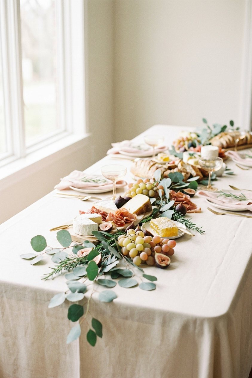 A long grazing table laid end to end with cheeses, cured meats, figs and eucalyptus, in soft daylight