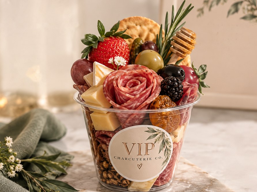 A VIP charcuterie cup with a salami rose, cheeses, a strawberry, olives and a honey dipper, the VIP label on the front