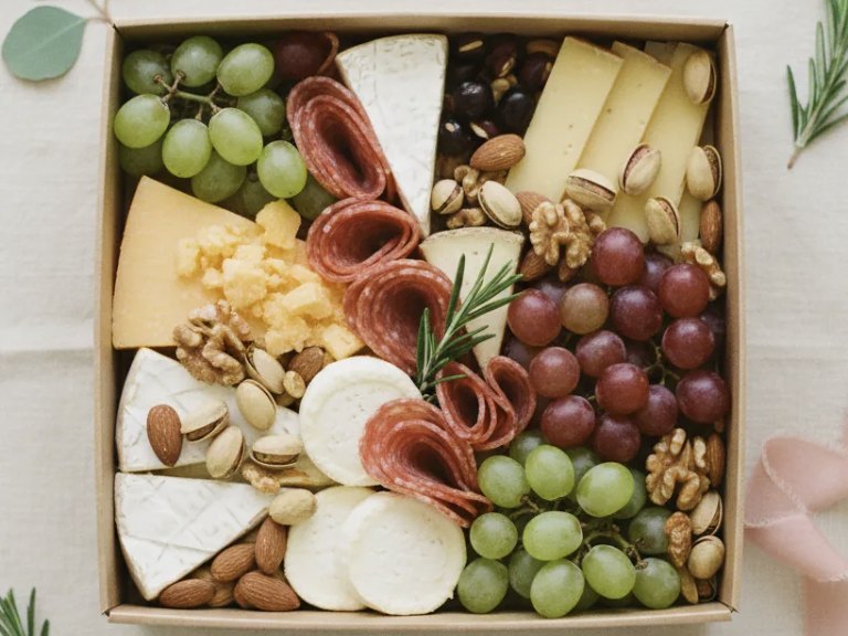 The Individual VIP Box — an open kraft box of folded salami, brie, aged gouda and fresh mozzarella with green and red grapes, almonds, walnuts and pistachios, finished with rosemary and eucalyptus