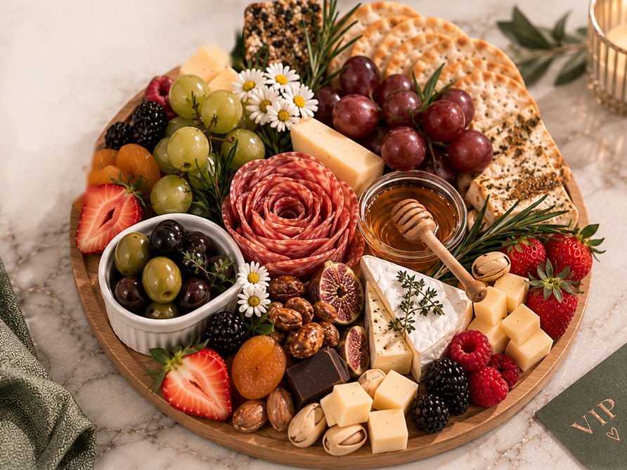 The Petite VIP on a round wooden board — a salami rose, honey with a dipper, brie, grapes, berries, nuts and daisies