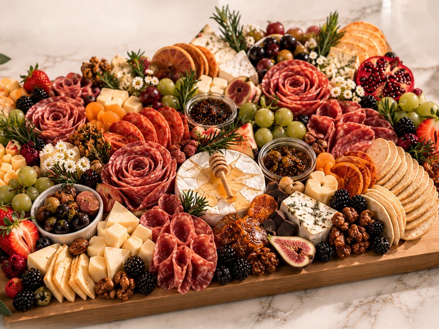 The Grand VIP laid across a large board — several salami roses, a honey-drizzled brie, figs, grapes, crackers and candied walnuts
