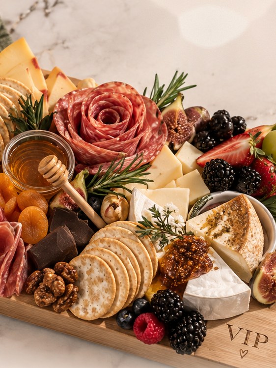 The Classic VIP on a long wooden board — a salami rose, honey with a dipper, brie, crackers and berries
