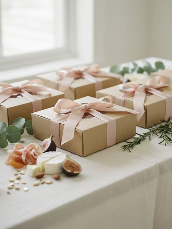 A small gift box tied with a blush ribbon