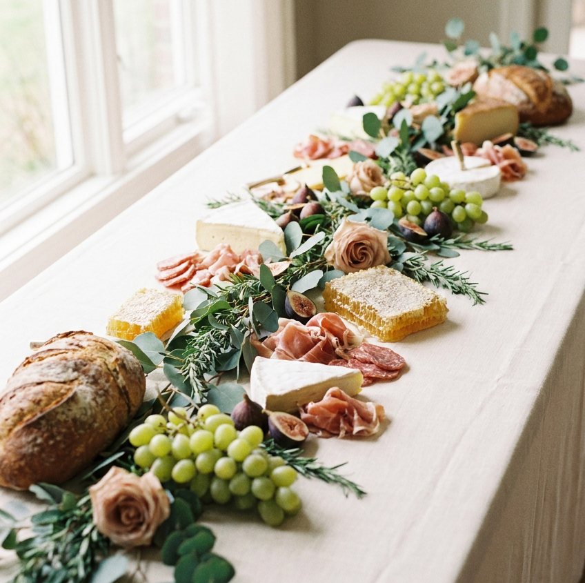 A grazing table running the length of the room