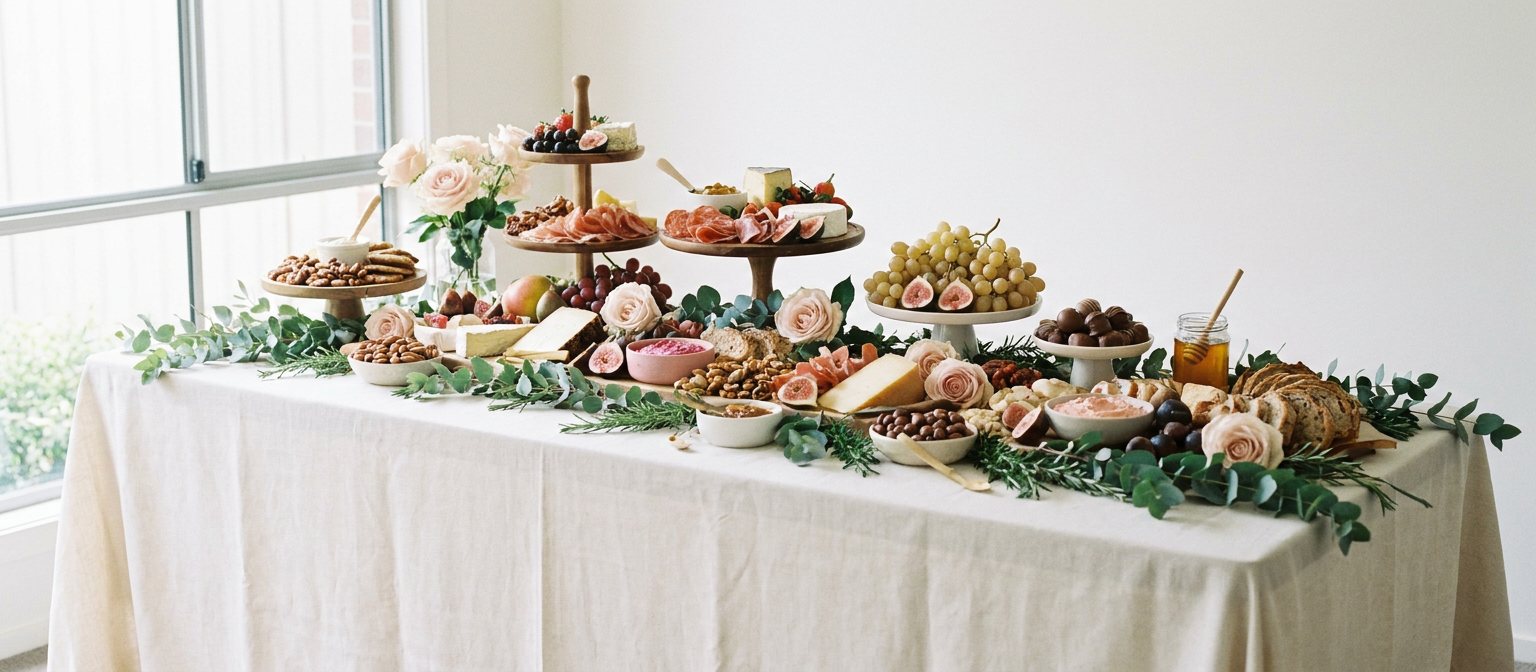 A full grazing table running the width of the room, styled with greenery